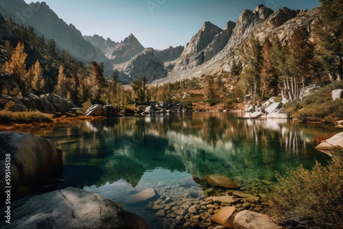 breathtaking view of the mountains behind a clear lake created with Generative AI technology