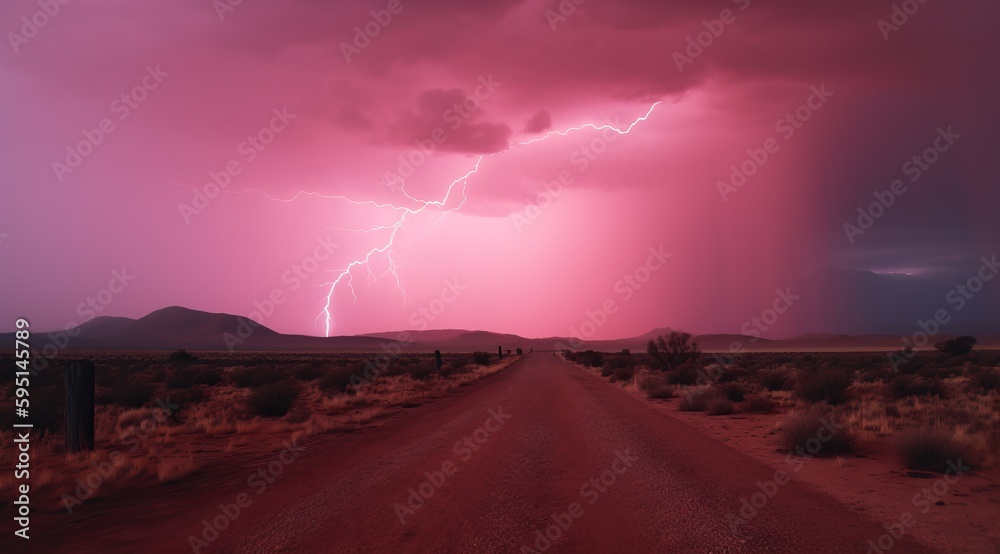 Lightning streak across the desert. Generative AI