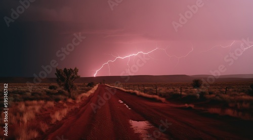 Lightning streak across the desert. Generative AI