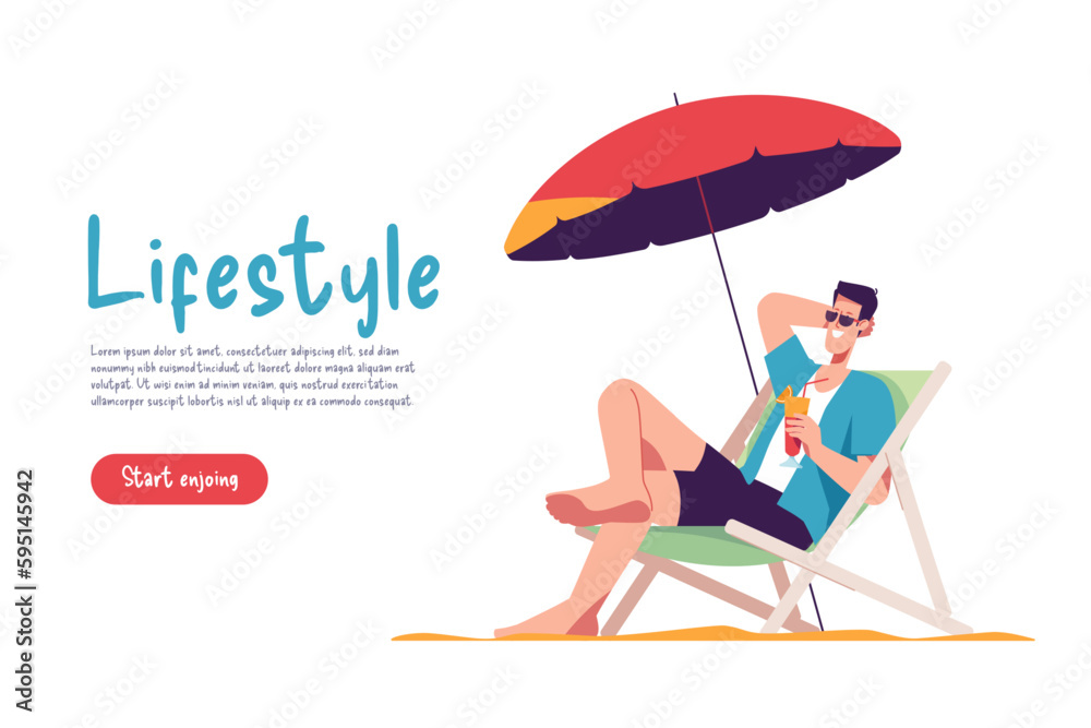 Young man sitting in lounge deck chair at the beach and relaxing drinking cocktail. Vector illustration