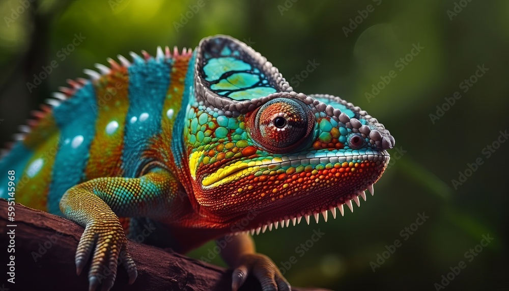 A macro shot of a colorful chameleon in the woods ai, ai generative, illustration A macro shot of a colorful chameleon in the woods ai, ai generative, illustration
