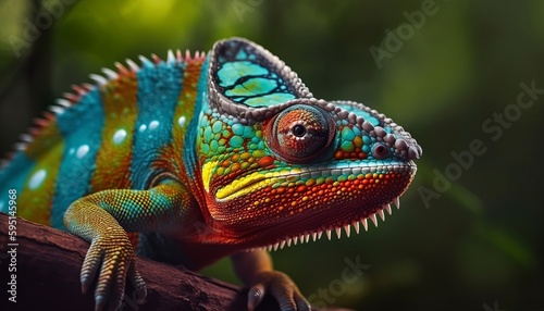 A macro shot of a colorful chameleon in the woods ai  ai generative  illustration