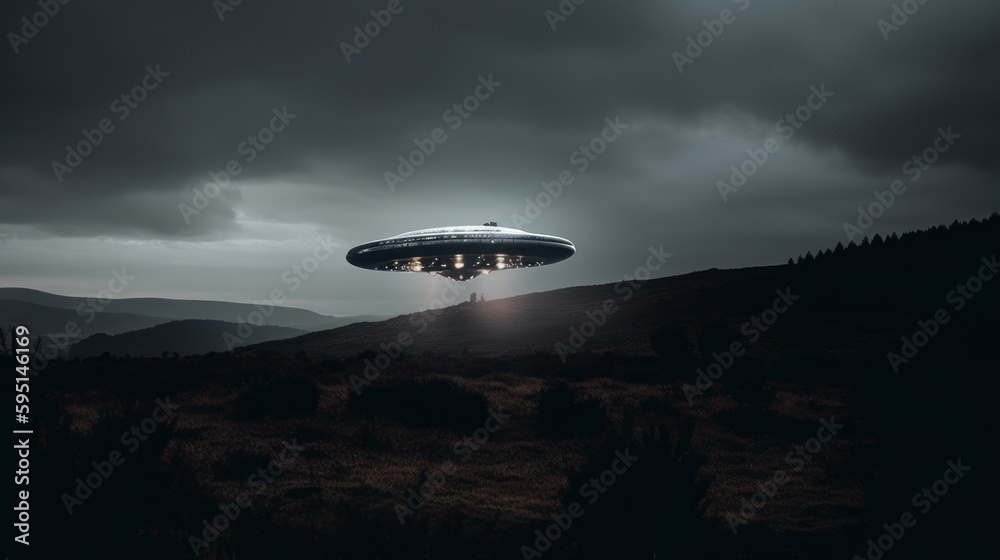 Fototapeta premium A flying saucer or UFO in the night sky with lights. Generative AI. 