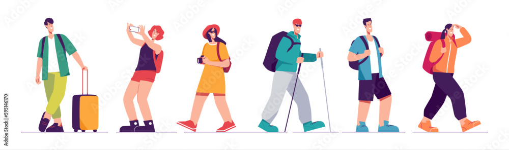 Set of tourists characters, traveling people. Vector illustration on the subject of summer vacation, adventures, hiking, exploring, journey, recreation Set of tourists characters, traveling people. Vector illustration on the subject of summer vacation, adventures, hiking, exploring, journey, recreation
