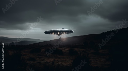 A flying saucer or UFO in the night sky with lights. Generative AI. 