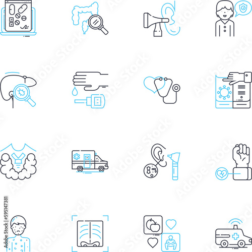 Health center linear icons set. Wellness, Fitness, Nutrition, Prevention, Treatment, Healing, Therapies line vector and concept signs. Rehabilitation,Medicine,Pediatrics outline illustrations