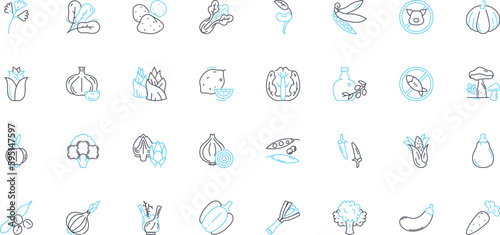 Garden fare linear icons set. Organic, Sustainable, Edible, Fresh, Local, Earthy, Nutritious line vector and concept signs. Cultivated,Harvested,Seasonal outline illustrations