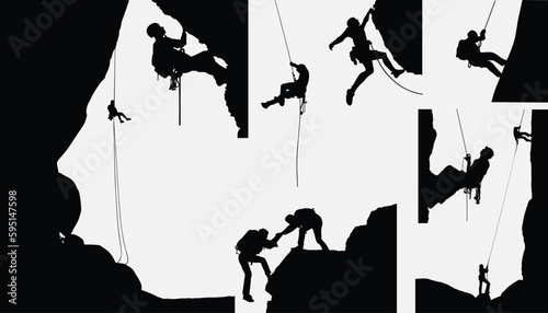 Fotografija People man woman rock climbing vector silhouette of indoor outdoor free climbers
