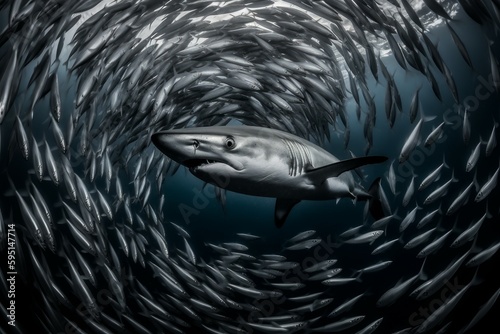 A predatory shark among a school of fish. AI generated  human enhanced.