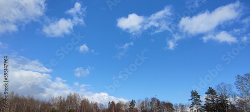 Bright sky above the trees. Spring sunny day, white clouds slowly float in the blue sky. They hang at a low height and they have different shapes and sizes. Buds have just begun to swell on the trees.