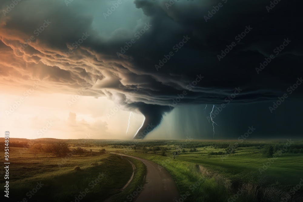 Tornado In Stormy Landscape. Hurricane wind. Climate Change And Natural Disaster Concept. AI generated, human enhanced