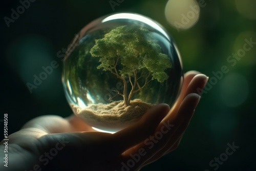 Hand holding a green tree in a sphere. Ecology concept. AI generated, human enhanced