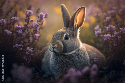 Cute rabbit in nature in natural habitat. AI generated, human enhanced