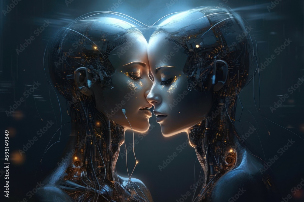 Two robots show each other feelings. Love robots concept. AI generated, human enhanced Two robots show each other feelings. Love robots concept. AI generated, human enhanced
