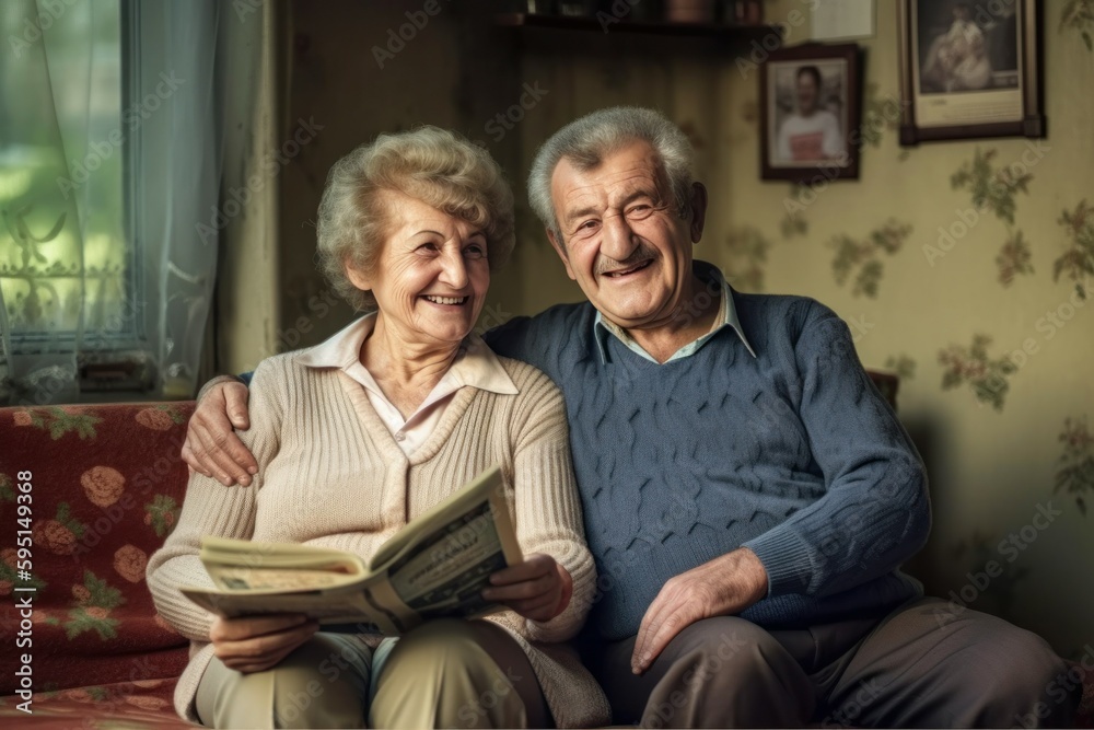 An older family, a couple of pensioners are reading a newspaper. AI generated, human enhanced An older family, a couple of pensioners are reading a newspaper. AI generated, human enhanced