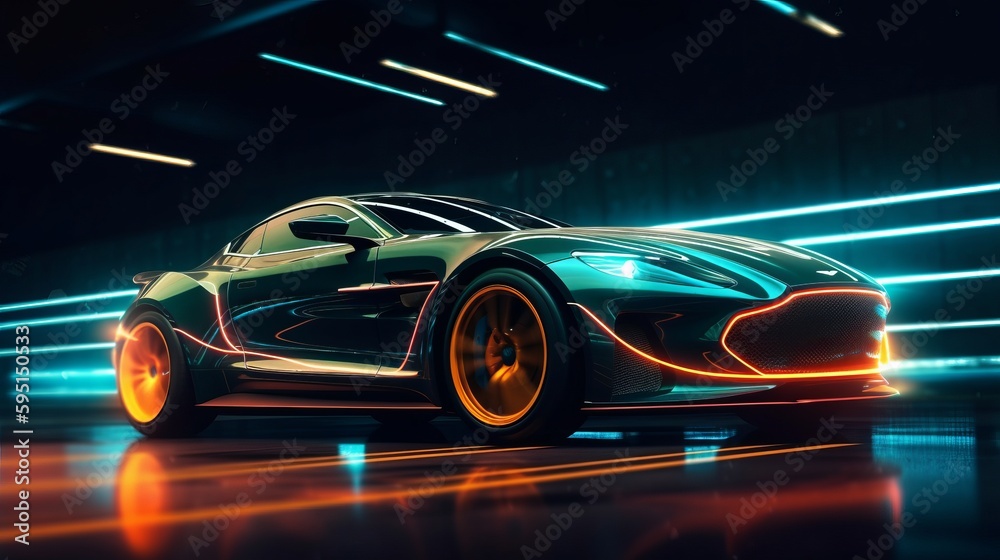 Fast supercar driving at high speed, with stunning neon lights city glowing in the background. AI generated
