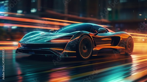 Fast supercar driving at high speed, with stunning neon lights city glowing in the background. AI generated © ArtStage