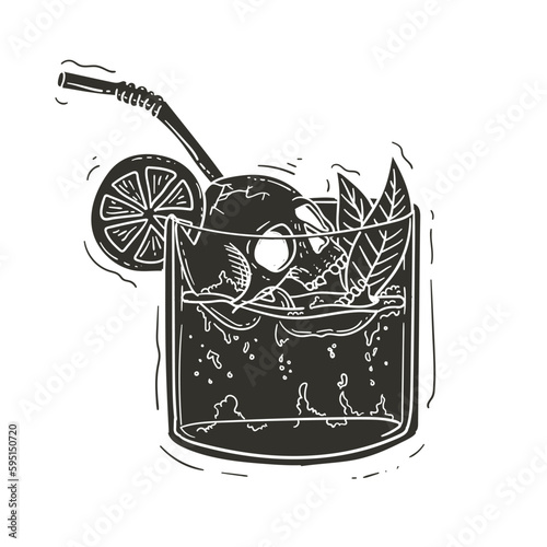 Cocktail with skull, lemon and ice. Vector illustration. Summer design
