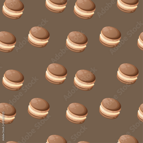 Seamless pattern with chocolate cute cartoon macaroons on a brown background. Bright seamless pattern with sweets for confectioner or postcard. Sweet background for candy store