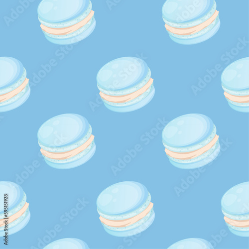 Seamless pattern with blue cute cartoon macaroons on a blue background. Bright seamless pattern with sweets for confectioner or postcard. Sweet background for candy store