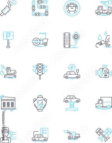 Car compnts linear icons set. Engine, Transmission, Suspension, Brakes, Steering, Wheels, Axles line vector and concept signs. Gearbox,Carburetor,Battery outline illustrations photo