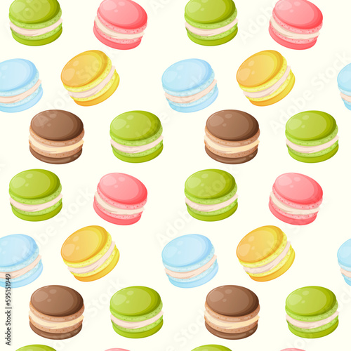 Seamless pattern with colorful cute cartoon macaroons on a white background. Bright seamless pattern with sweets for confectioner or postcard. Sweet background for candy store