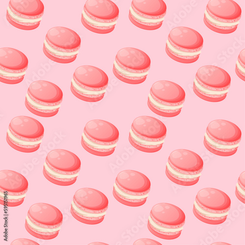 Seamless pattern with pink cute cartoon macaroons on a pink background. Bright seamless pattern with sweets for confectioner or postcard. Sweet background for candy store