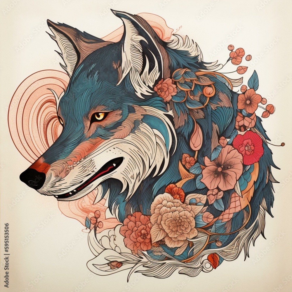 drawing of a wolf, tattoo, pastel