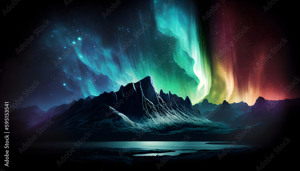 Green and purple Northern Lights over trees and snowy mountains. Starry sky with aurora over the rocks. Space for tarvel advertising Generative AI