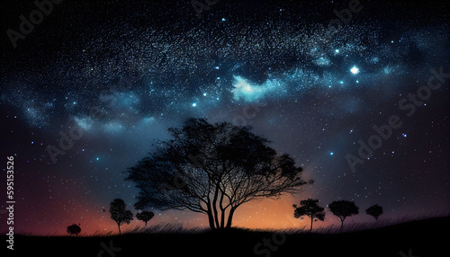 beautiful sky night with stars background, Big trees and the background is the sky and stars at night for tarvel advertising Generative AI