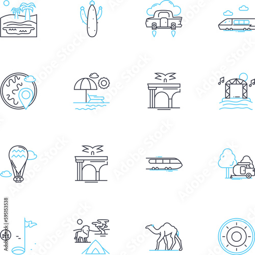 Cruise expeditions linear icons set. Adventure, Luxury, Exploration, Discovery, Relaxation, Scenic, Marine line vector and concept signs. Excitement,Remote,Expeditionary outline illustrations