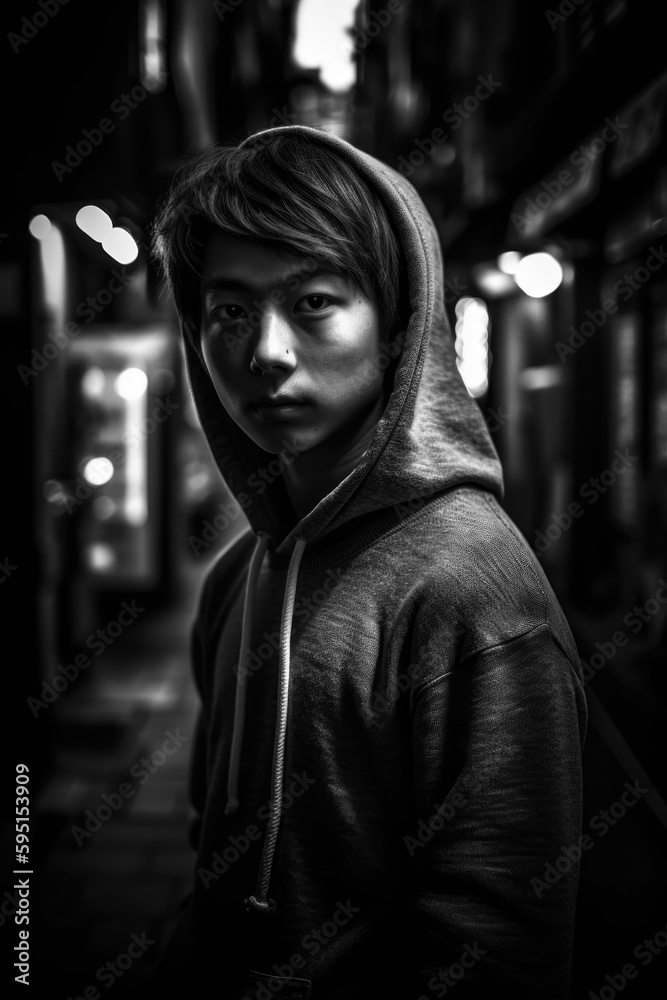 A monochrome image of a young Japanese looking teenager boy, standing in a narrow alley, wearing a hooded sweater and exuding a sense of cool and casual style. Created with generative A.I. technology. A monochrome image of a young Japanese looking teenager boy, standing in a narrow alley, wearing a hooded sweater and exuding a sense of cool and casual style. Created with generative A.I. technology.