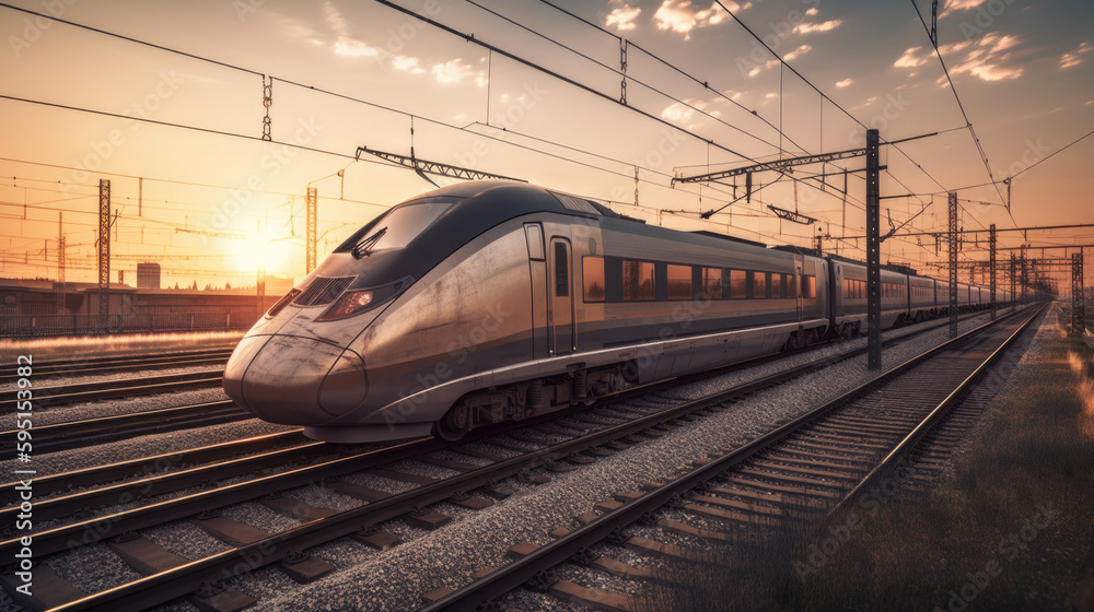an express train runs in the sunset. transportation concept. Generative AI an express train runs in the sunset. transportation concept. Generative AI