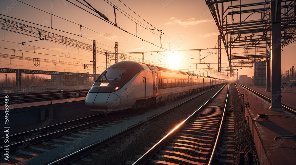 Fototapeta premium an express train runs in the sunset. transportation concept. Generative AI