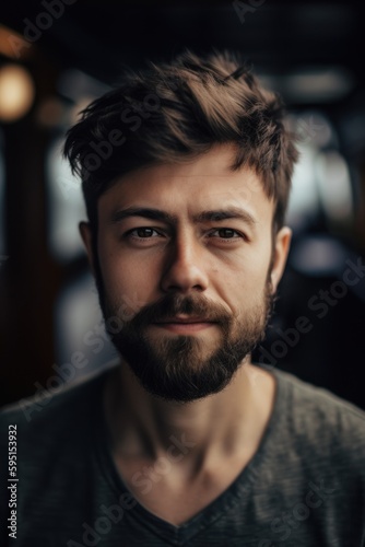 Playful and inviting close-up portrait of a young man with short beard, styled hair, and a friendly smile. Created with generative A.I. technology.