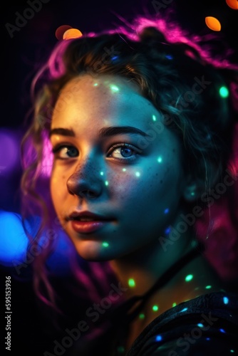 Visually striking portrait photograph capturing the dynamic energy of a young teenage woman dancing with joy at her first party. Created with generative A.I. technology.