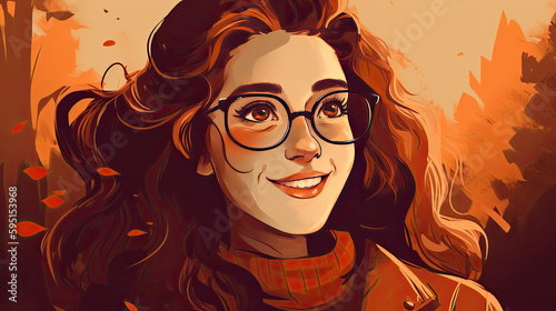illustration of a young pretty woman with glasses. Generative AI