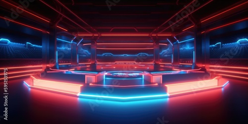 Empty red and blue neon light stadium background for E-sport game battle. Generative AI.