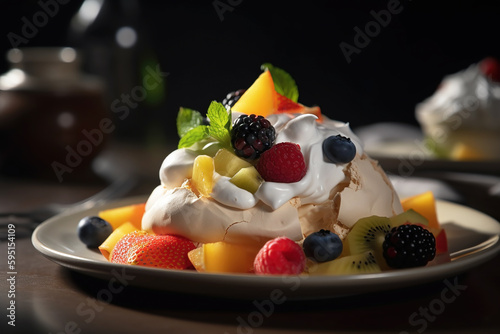 Australian pavlova dessert made of meringue, cream and fruit.  Generative AI.