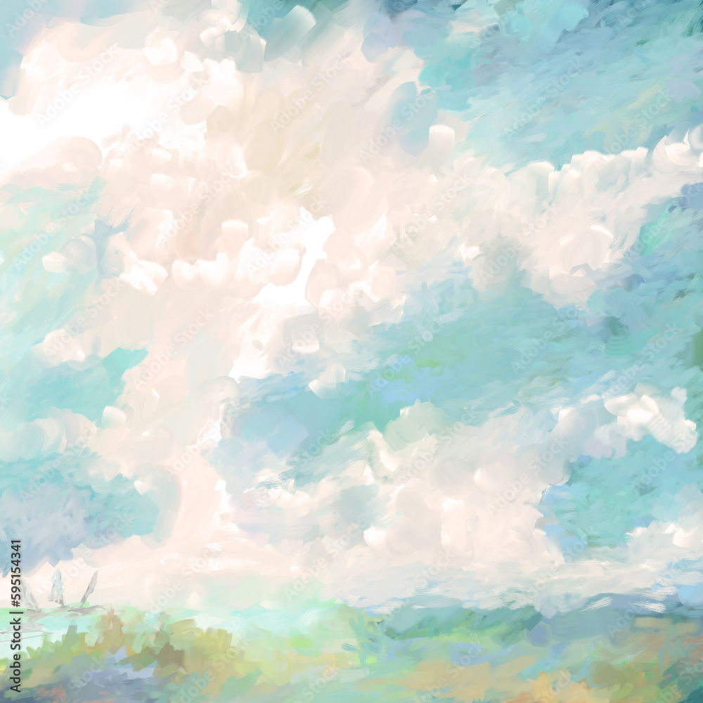 Impressionistic Cloudscape with Blue Skies & Distant Trio - Digital Painting, Art, Artwork, Illustration for Background, Backdrop, or Wallpape, Ads, Fliers, Posters, invitations, publications, etc.