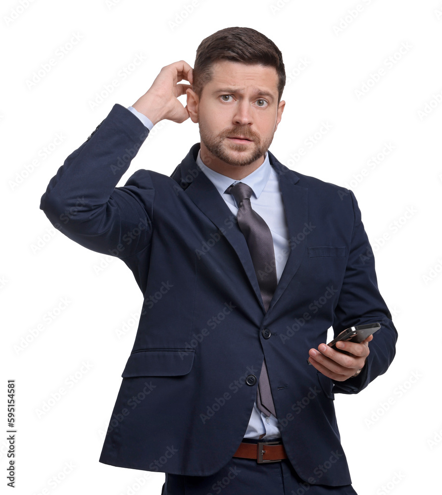 Handsome bearded businessman in suit using smartphone on white background Handsome bearded businessman in suit using smartphone on white background