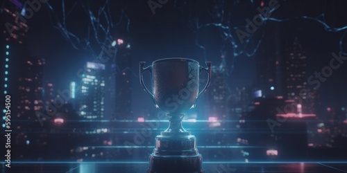 E-Sports winner trophy at studio illuminated by neon lights with blurred background. Generative AI.