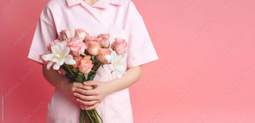 Woman doctor nurse holding a bouquet of flowers on a light pink background, copy space. AI generated, illustration Woman doctor nurse holding a bouquet of flowers on a light pink background, copy space. AI generated, illustration