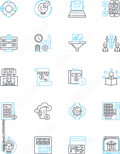 Advertising campaign linear icons set. Branding, Strategy, Creativity, Targeting, Messaging, Execution, Consistency line vector and concept signs. Conversion,Engagement,Awareness outline illustrations