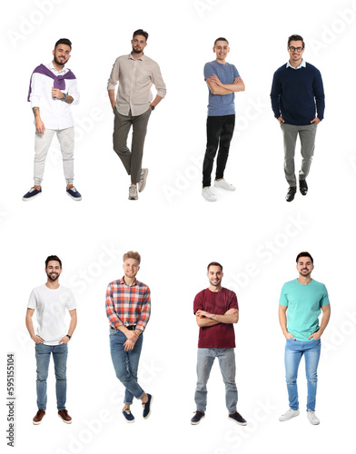 Collage with full length portraits of men on white background