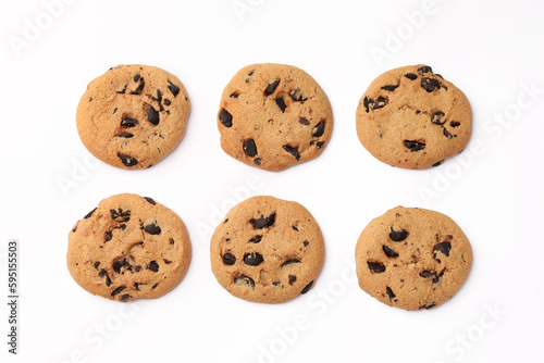 Delicious chocolate chip cookies on white background, flat lay
