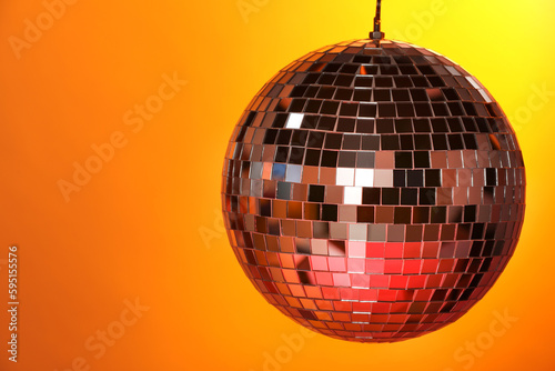 Shiny disco ball on color background, space for text
