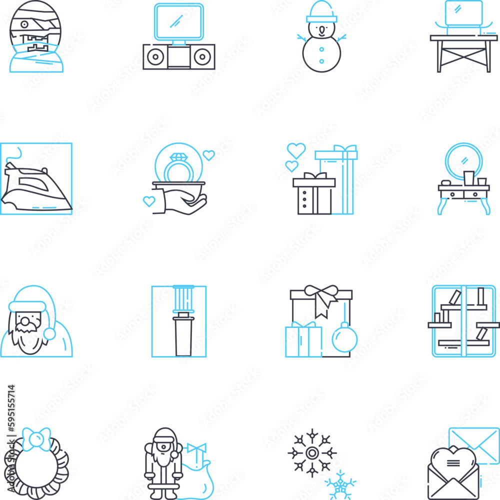 Ornamenting linear icons set. Embellishing, Adorning, Decorating,  Beautifying, Enhancing, Accessorizing, Enriching line vector and concept  signs. Bedecking,Festooning,Glamorizing outline illustrations Stock Vector