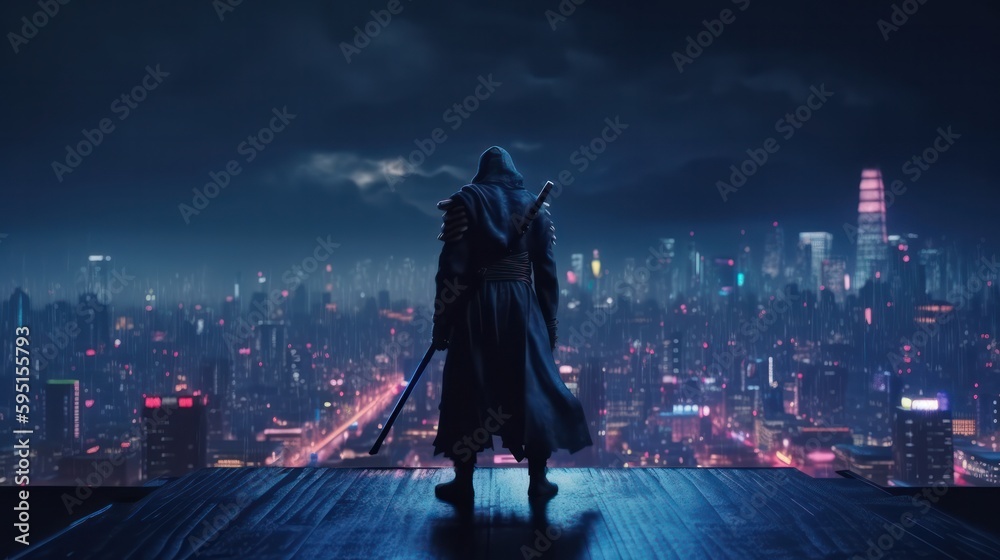 Samurai standing on the roof with night city neon lights on background ...