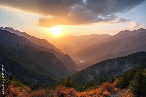 Sunset view over mountains and valley generative AI